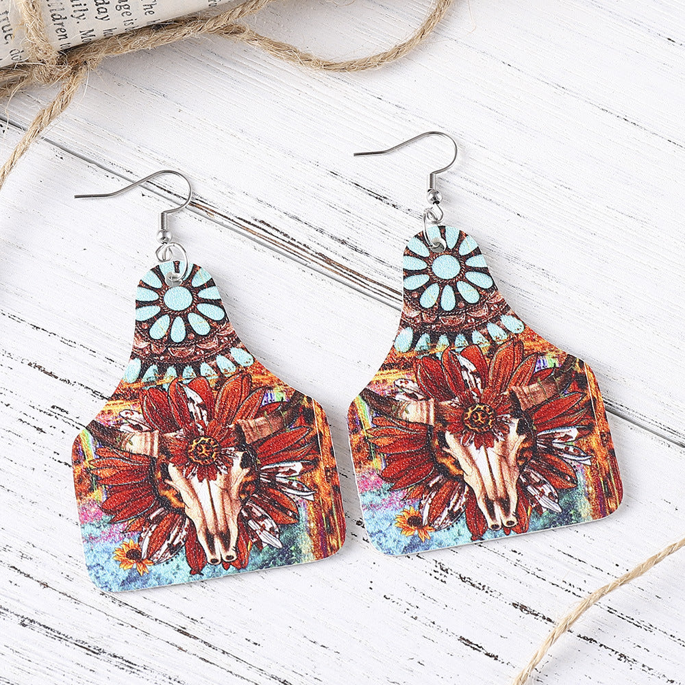 Wholesale Western Cowboy Turquoise Leopard Print  Double-Sided Leather Earrings